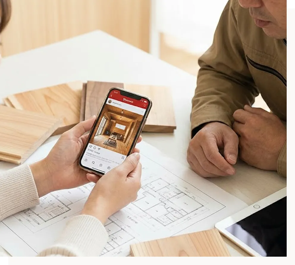 スマホのお気に入りの内装デザインと図面を見ながら行う、リフォーム・リノベーションの打ち合わせ風景