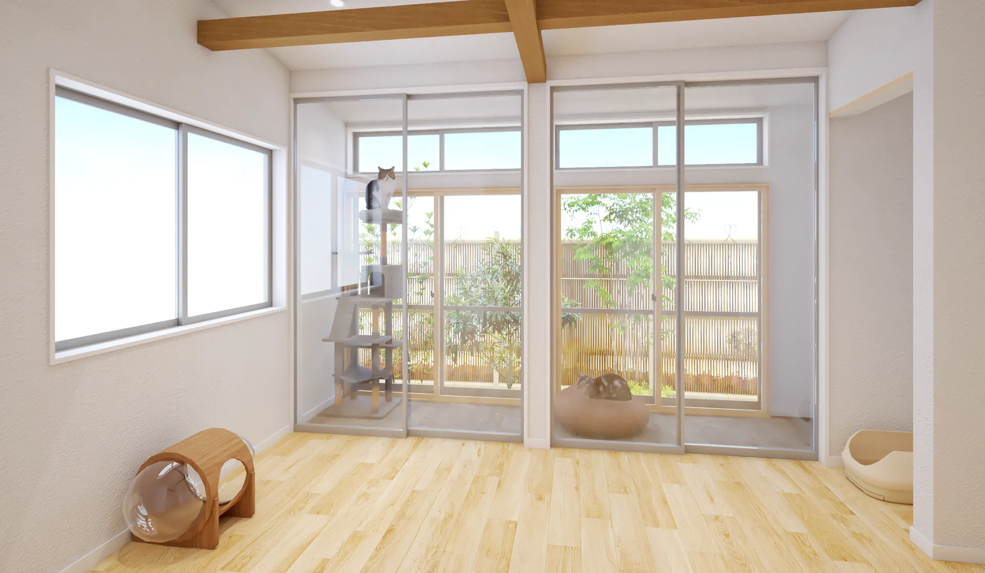猫と快適に暮らすサンルームのあるリノベーション事例。キャットタワーと明るい無垢床のリビング