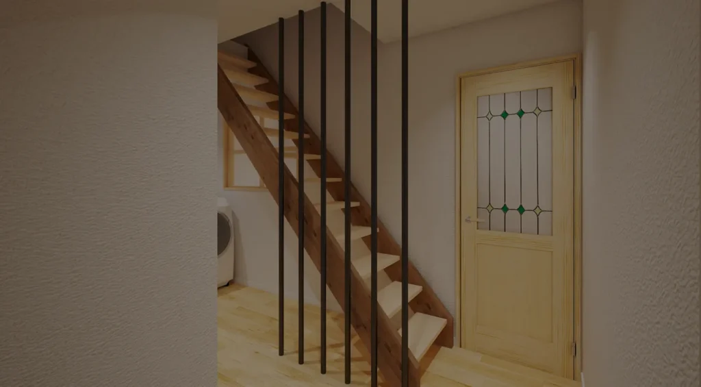 ステンドグラス入りの木製ドアと開放的な階段のあるホール