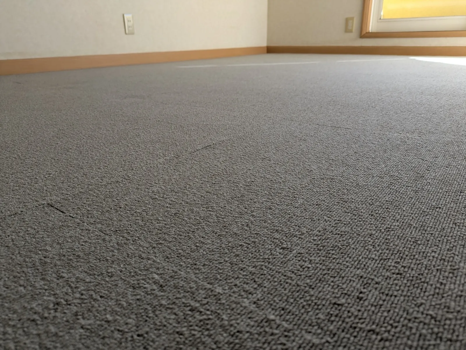 ローアングルから見たグレーのタイルカーペットの質感と精度の高い施工技術